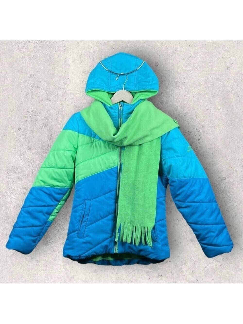 Pacific Trail Winter Puffer Coat Scarf Girls XL 16 Color Block Bright Blue Green